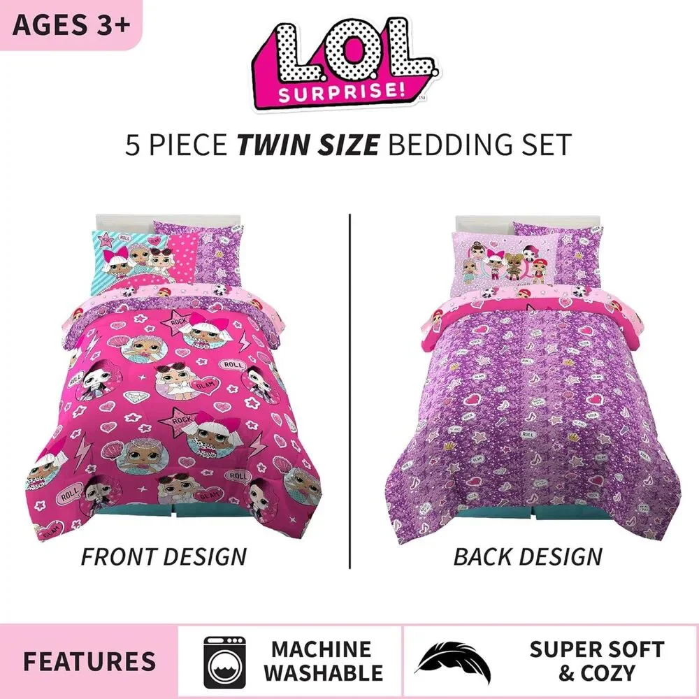 LOL Surprise 5 Piece Twin Bedding Set Comforter Sheets & Sham Girls